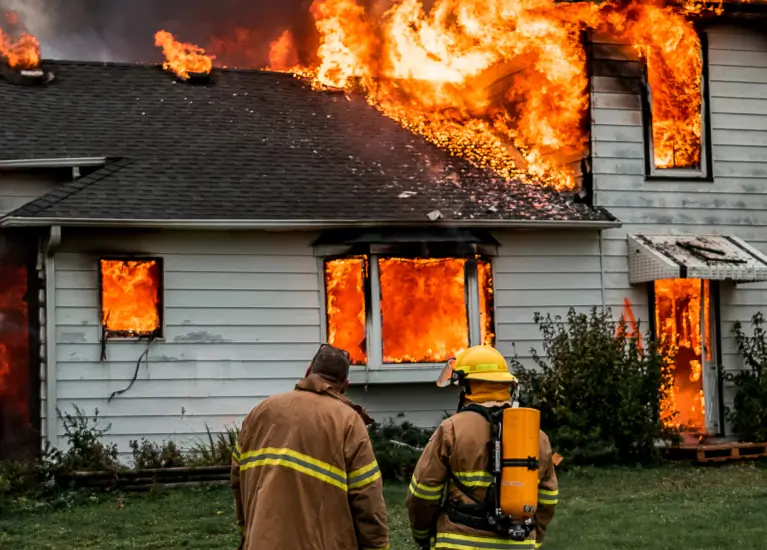 Firefighters standing in front of a house on fire
